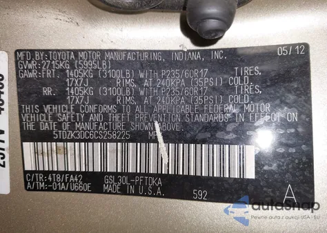 2012 Toyota Sienna Base V6 7 Passenger из США, поврежденный, VIN 5TDZK3DC6CS258225